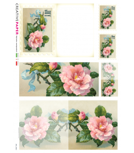 Carta di riso Decoupage: Cartoline Postali con Rosa e fiocco azzurro