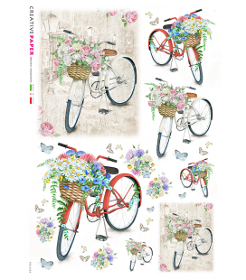 Carta di riso Decoupage: Biciclette in primavera con fiori e farfalle