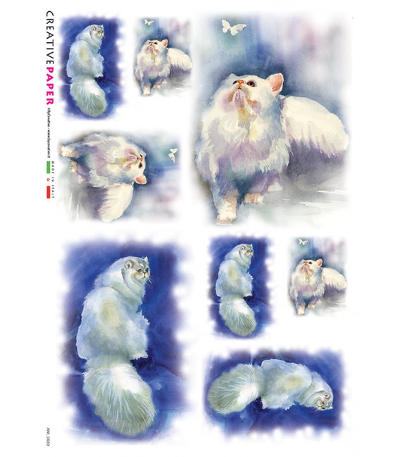 Carta di riso Decoupage: Gatti con Farfalla. Sfondo Blu 